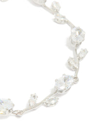 Stunning close up of dainty vine bracelet with cubic zirconia stones in silver and clear close up view - link has visual effect only