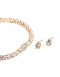 Gold Clear Cubic Zirconia Bezel Tennis Bracelet & Earrings Set - link has visual effect only