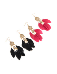 Antique Gold Black & Pink Boho Feather Drop Earrings Pack - link has visual effect only
