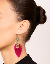 Antique Gold Black & Pink Boho Feather Drop Earrings Pack - link has visual effect only