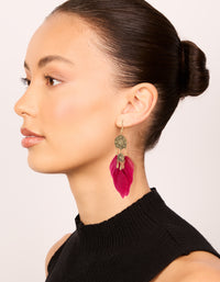 Antique Gold Black & Pink Boho Feather Drop Earrings Pack - link has visual effect only