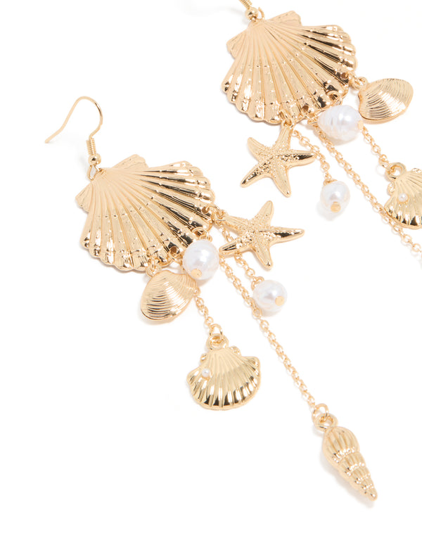 Gold Pearl & Multi Shell Drop Earrings