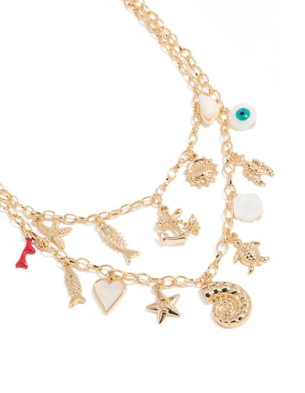 Gold Ocean Charm Layered  Necklace
