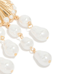 Highlighting gold ribbed shell and pearls drop earrings with ocean charm in statement style post detail view - link has visual effect only