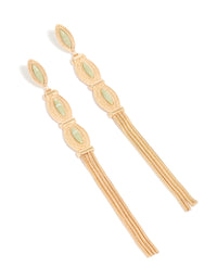 Stunning gold green stone boho tassel drop earrings in statement style front view - link has visual effect only