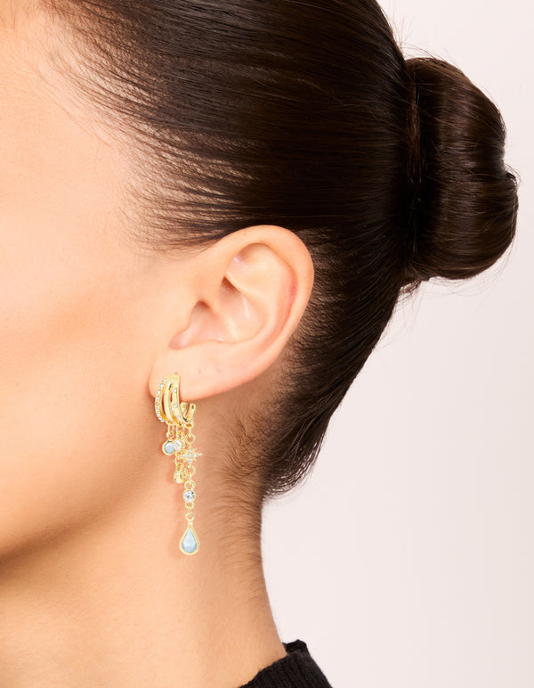 Gold & Blue Cubic Zirconia Illusion Cup Chain Earrings