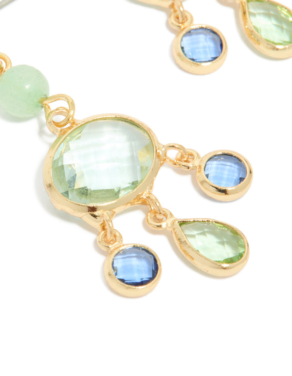 Gold Plated Green & Blue Cubic Zirconia Drop Earrings