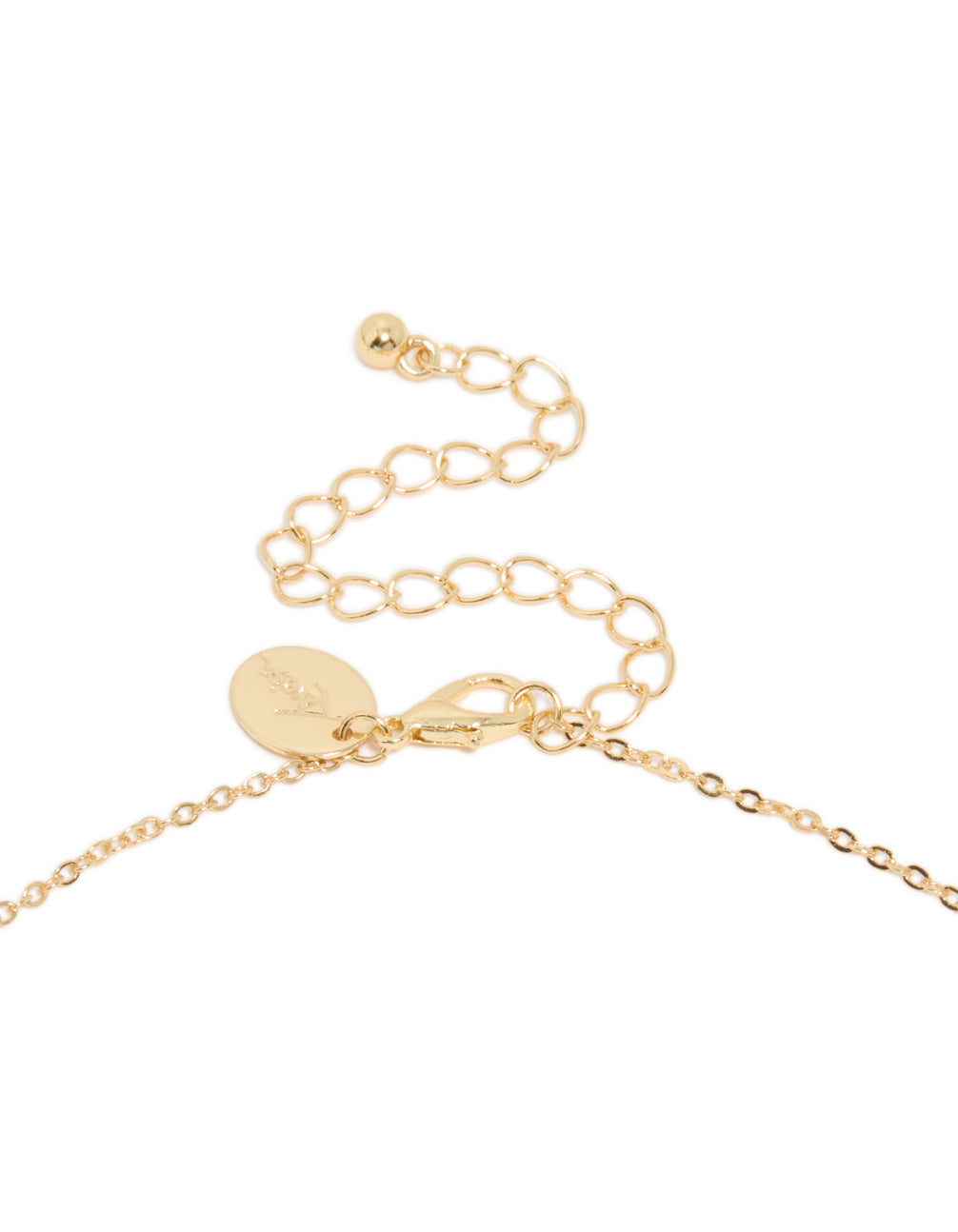 Highlighting a charm Y-necklace in gold plated material blue cubic zirconia stones clasp detail view