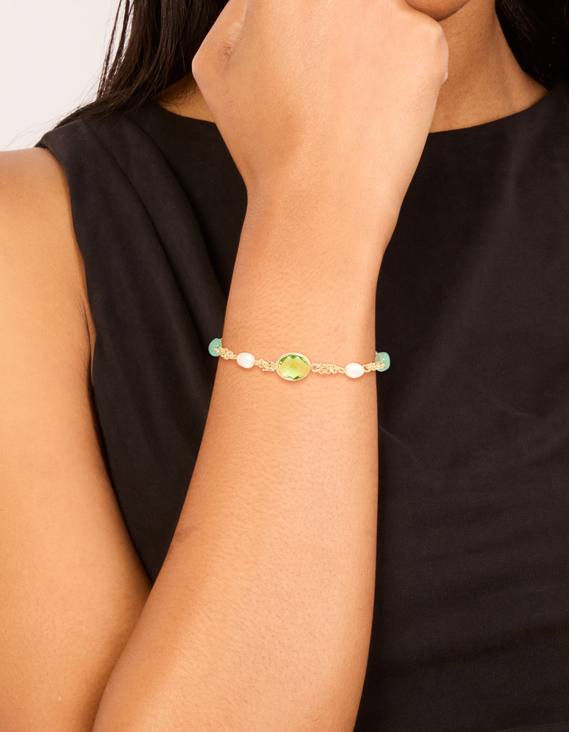 Gold Plated Green Cubic Zirconia Freshwater Pearl Toggle Bracelet
