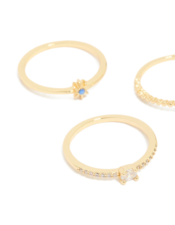 Gold Plated Blue Cubic Zirconia Celestial Rings 5 -Pack