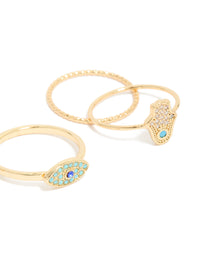 Gold Plated Cubic Zirconia  Evil Eye & Hamsa Hand Rings 4-Pack - link has visual effect only