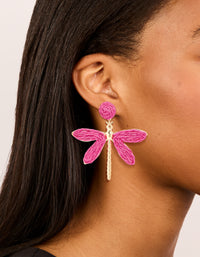 Gold Hot Pink Raffia Dragonfly Drop Earrings - link has visual effect only
