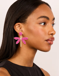 Gold Hot Pink Raffia Dragonfly Drop Earrings - link has visual effect only