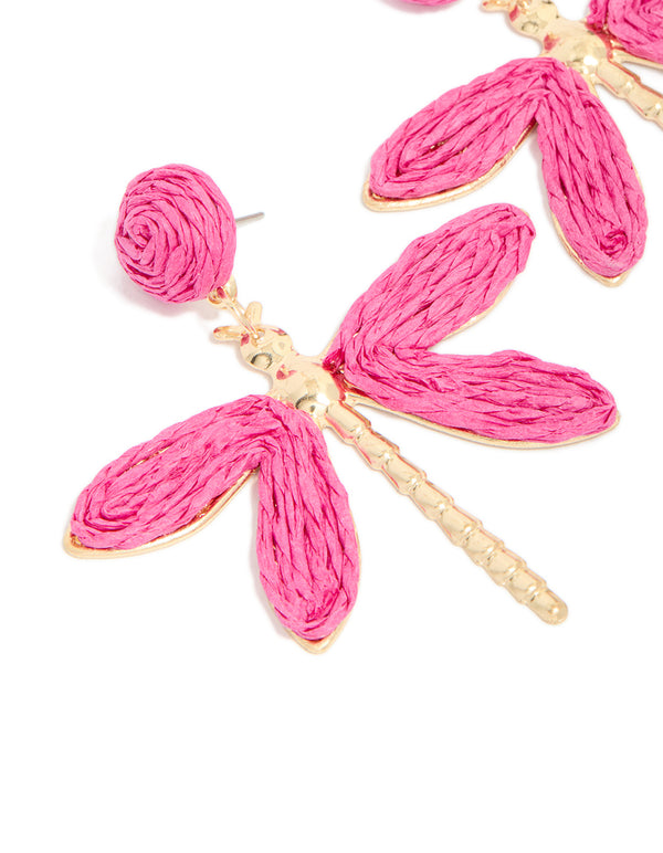 Gold Hot Pink Raffia Dragonfly Drop Earrings