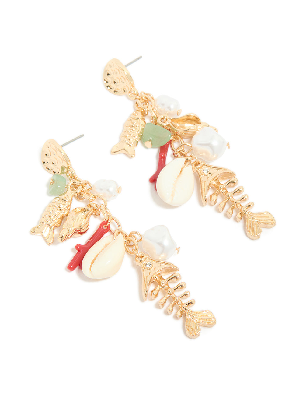 Discover gold fish drop earrings featuring ocean-inspired animal charms with shell, pearl, and bead accents in coral and mint cream tones with a front view
