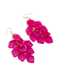 Showcasing fuchsia pink coated metal petal drop statement earrings with gold accents front view - link has visual effect only
