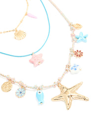Gold Blue Cord Sea Charm Layered Necklace - link has visual effect only