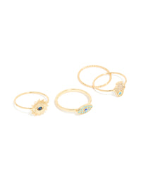 Showcasing a gold plated cubic zirconia evil eye and hamsa hand rings 4-pack featuring celestial sun motifs, crafted from crystal in statement style front view - link has visual effect only