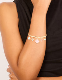 Gold Pink Flowers Charm Toggle Bangle - link has visual effect only