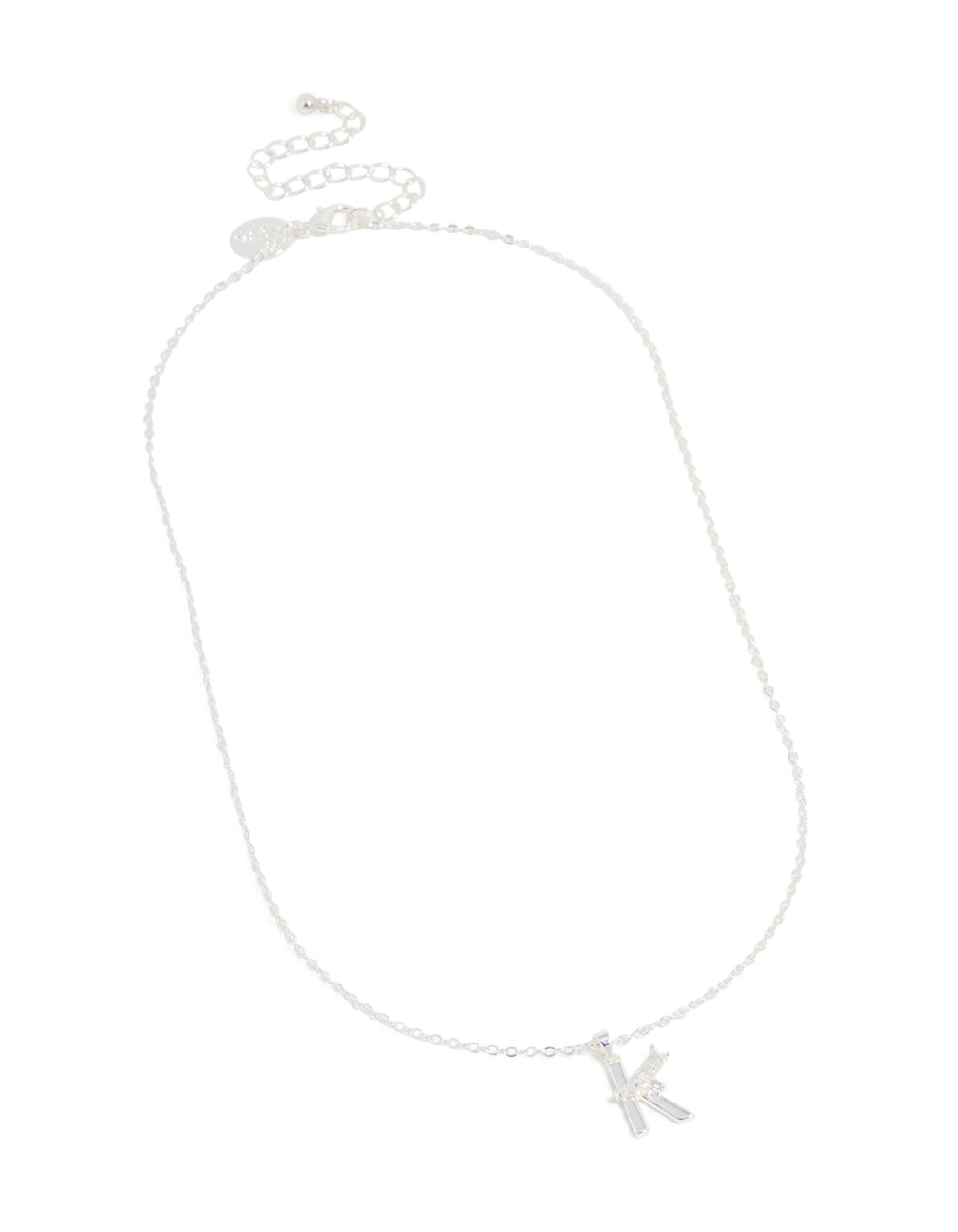 Elegant thin initial letter K pendant necklace crafted from silver plated material with cubic zirconia accents in dainty style front view