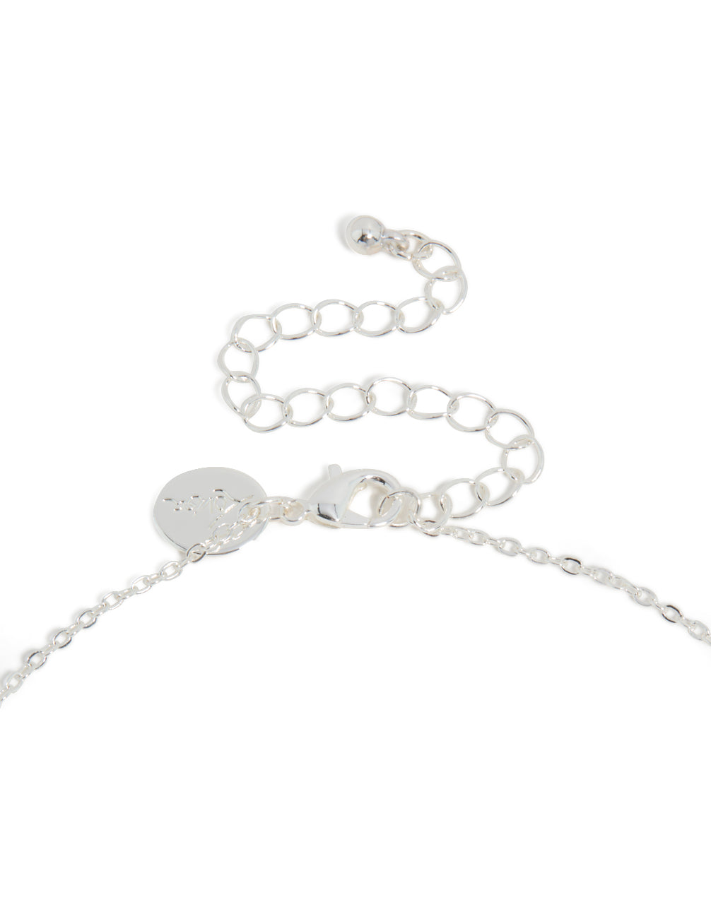 Detailed view of silver plated thin cubic zirconia initial letter K pendant necklace showcasing lobster clasp detail view