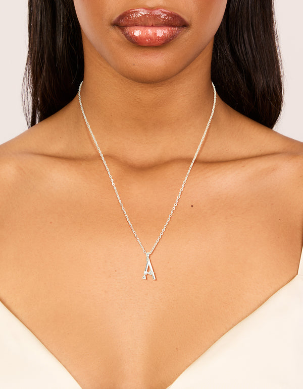 Silver Plated Thin Cubic Zirconia Letter A Necklace