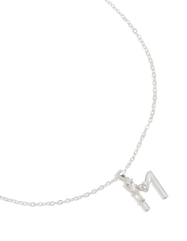 Silver Plated Thin Cubic Zirconia Letter M Necklace