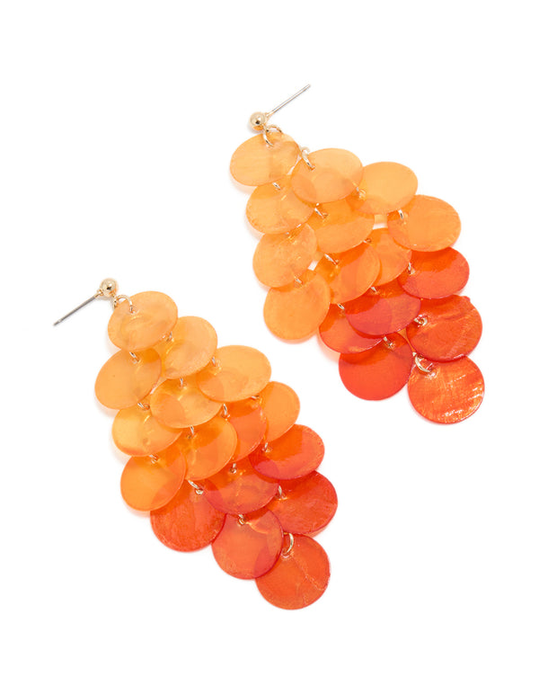 Beautifully crafted orange genuine shell layered discs waterfall drop earrings featuring statement style front view