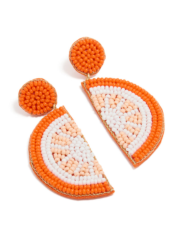 Beautifully crafted orange seed beaded fruit drop earrings featuring statement style in white, peachpuff, and gold front view