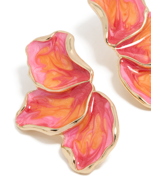 Explore these small earrings with floral half design, featuring enamel in pink, orange, and coral shades close up view