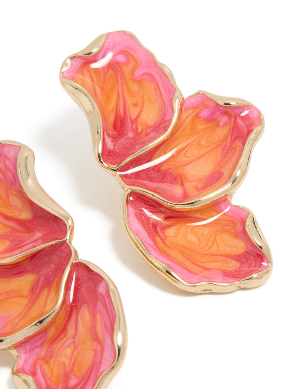 Explore these small earrings with floral half design, featuring enamel in pink, orange, and coral shades close up view