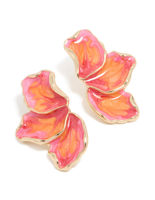 Discover these small earrings featuring half floral design, crafted from enamel in pink, orange, and coral hues front view