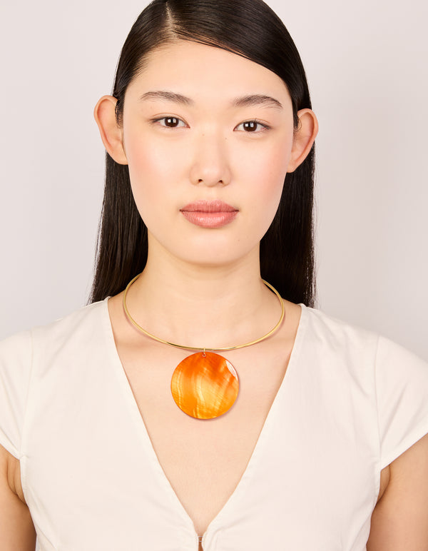 Gold Orange Genuine Shell Disc Torque Necklace