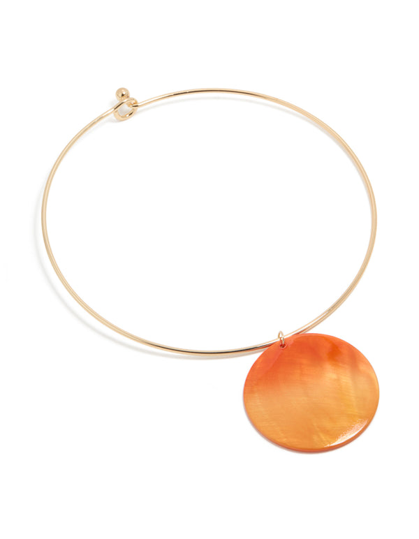 Discover a gold orange genuine shell disc torque necklace statement design front view