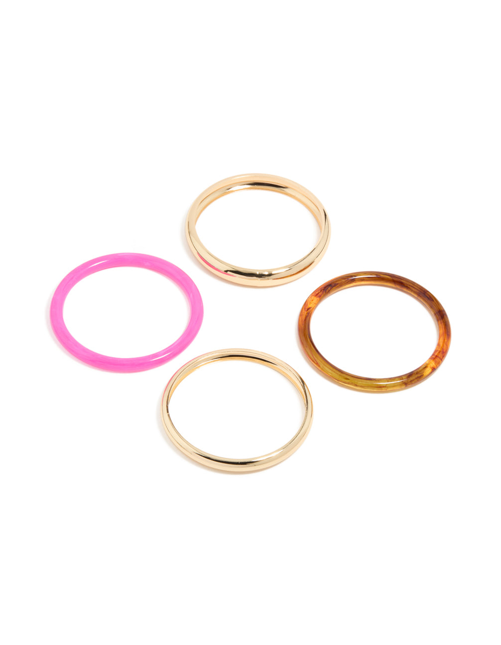 Showcasing a gold and mixed acrylic bangle 4-pack with hot pink and brown tortoiseshell designs front view