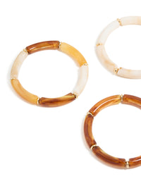Crafted with bead detailing, these gold brown and orange acrylic stretch bracelets offer a close up view - link has visual effect only