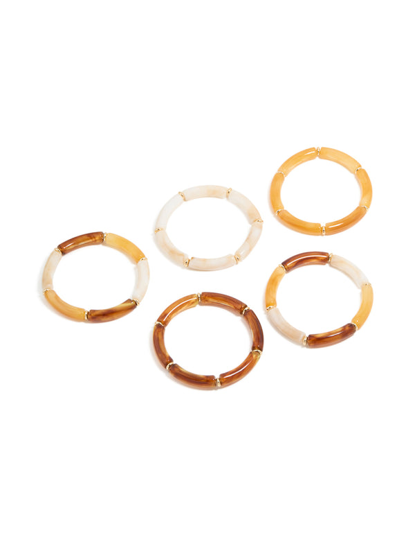 Discover this gold brown and orange acrylic stretch bracelet 5-pack featuring beads front view