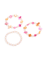Showcasing beaded stretch bracelets in a 3-pack with hot pink peachpuff lightpink and gold tones front view - link has visual effect only