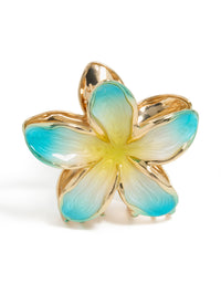 Featuring a floral enamel frangipani flower claw clip in turquoise, yellow, and gold side view - link has visual effect only