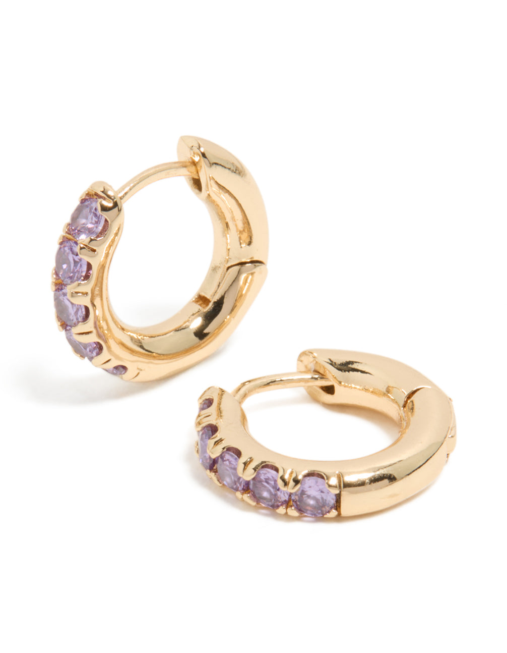 Beautifully crafted small clicker earrings in gold featuring light purple cubic zirconia with huggie closure front view
