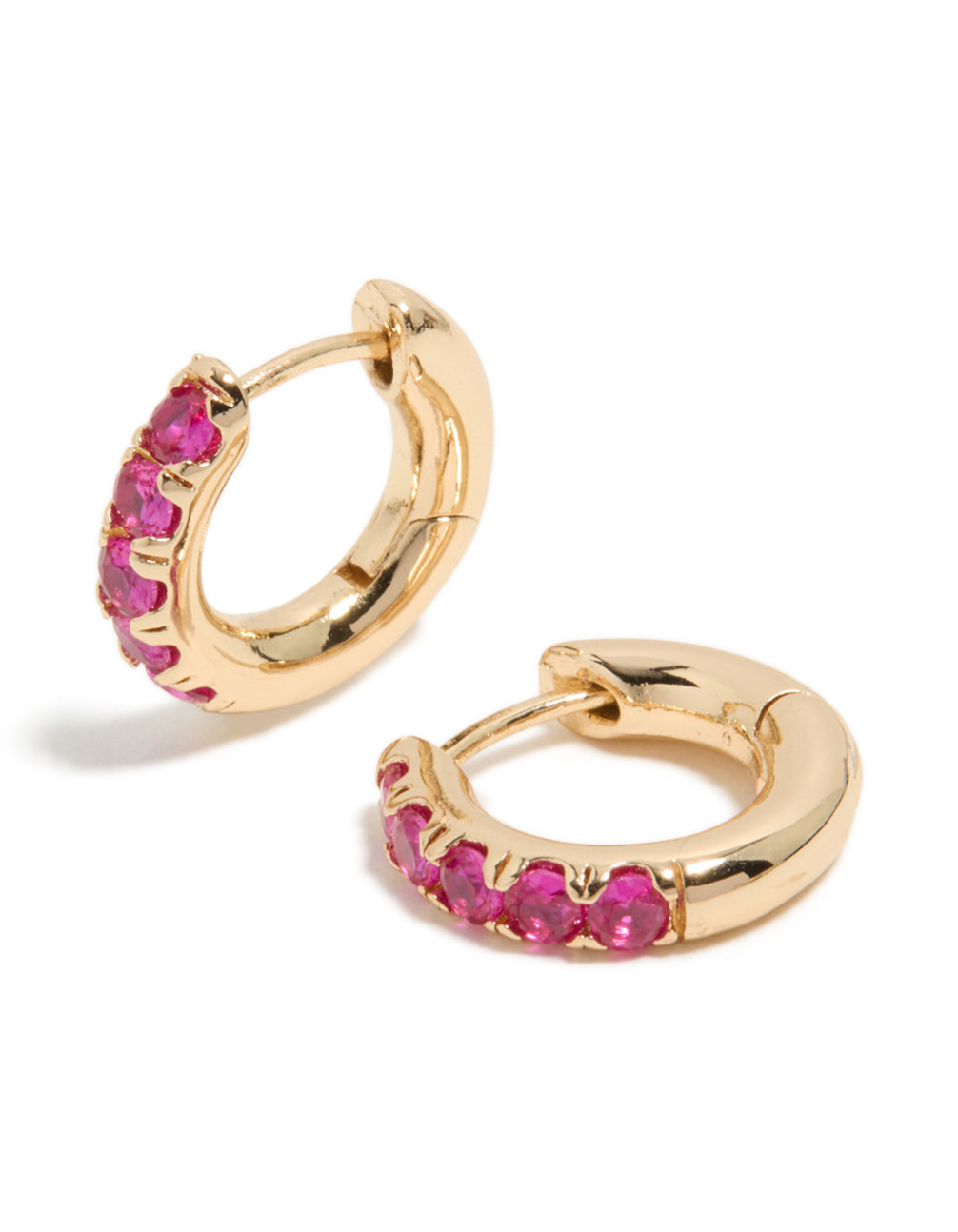 Beautifully designed small statement huggie clicker earrings crafted from cubic zirconia in gold and hot pink front view