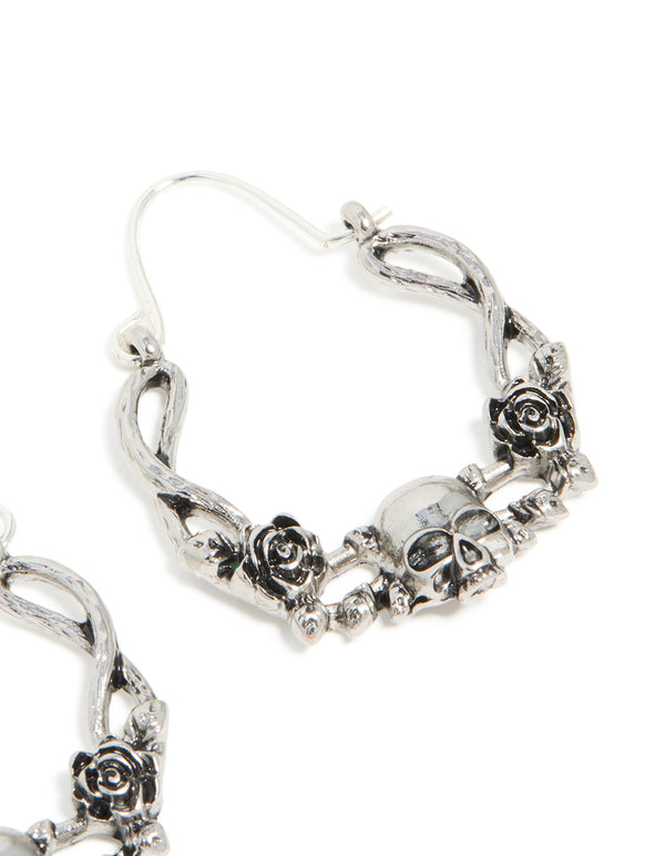 Silver Skull & Roses Hoop Earrings