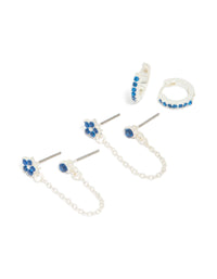 Silver Blue Cubic Zirconia Chain Flower & Huggie Earrings 3-Pack - link has visual effect only