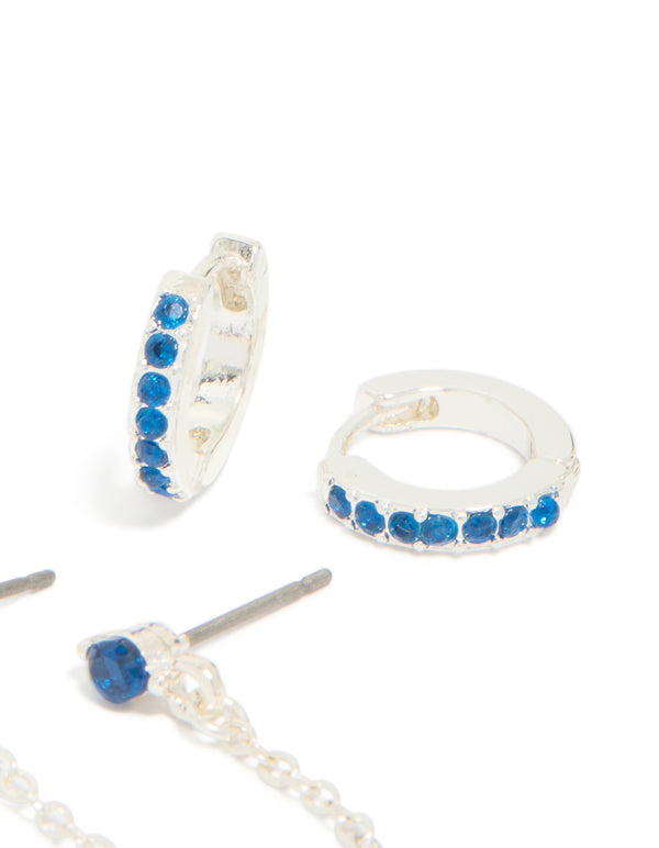 Silver Blue Cubic Zirconia Chain Flower & Huggie Earrings 3-Pack