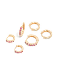 Gold Dark Pink Cubic Zirconia Huggie Earrings 3-Pack - link has visual effect only