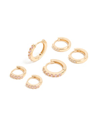 Gold Light Pink Cubic Zirconia Simple Huggie Earrings 3-Pack - link has visual effect only