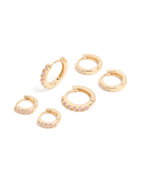 Gold Light Pink Cubic Zirconia Simple Huggie Earrings 3-Pack