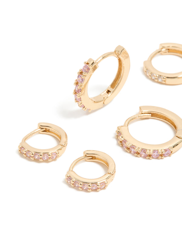 Gold Light Pink Cubic Zirconia Simple Huggie Earrings 3-Pack