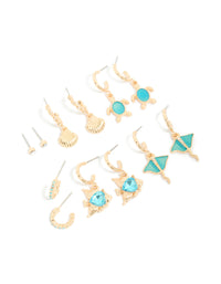 Showcasing a gold aqua diamante stingray and sea life earrings 6-pack featuring heart and ocean shell with turquoise accents front view - link has visual effect only