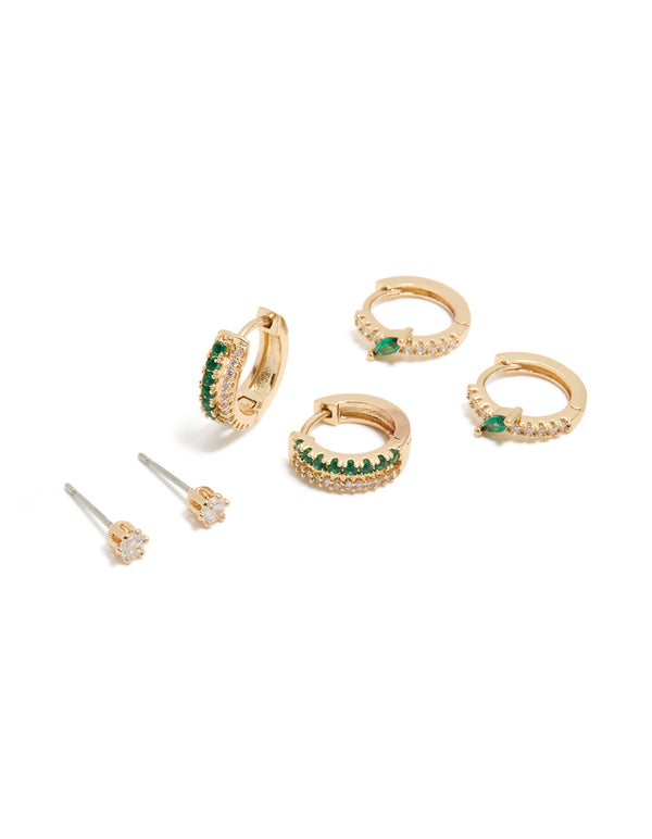 Gold Dark Green Cubic Zirconia Hoop & Stud Earrings 3-Pack